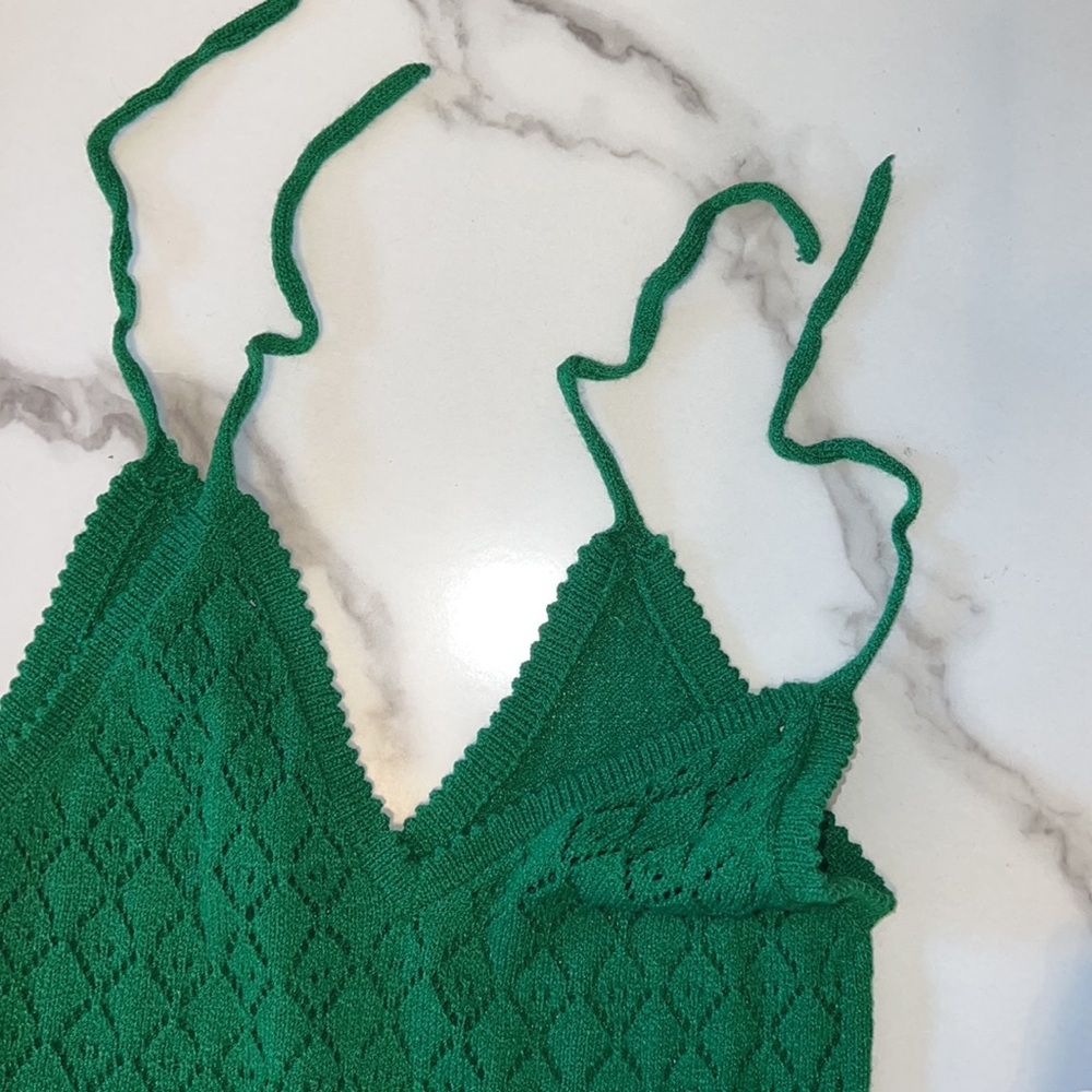 Vintage green knit A line dress ties at shoulder sundress midi feminine - Picture 13 of 14